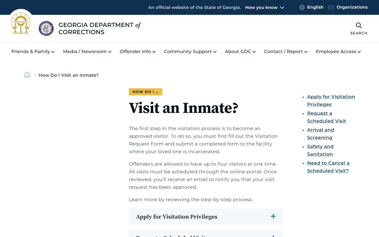 Georgia Department of Corrections visitation approval and scheduling page