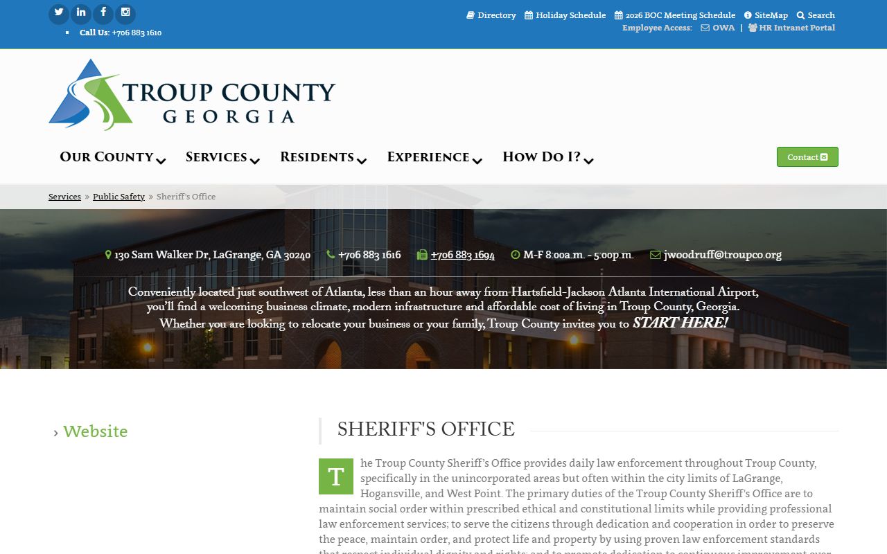 Troup County Sheriff's Office official page with contact information